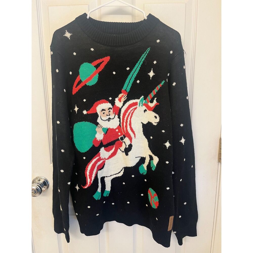 Tipsy Elves Santa Riding Unicorn Ugly Christmas Sweater Men's Large